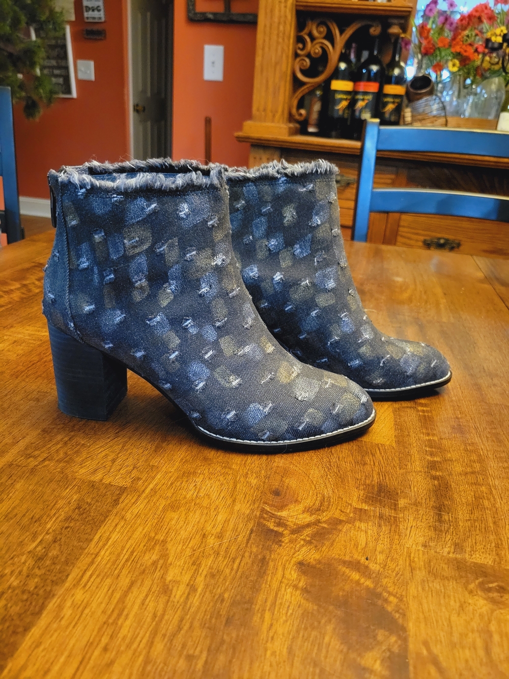 Chocolat Blu Denim Ankle Booties in Black And Gold with Frayed Trim
